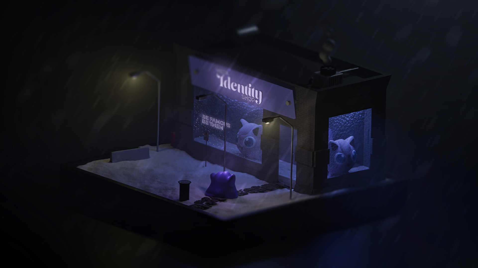 Réalisation 3D d'un magasin : Identity SHOP, un métamorphe (Pokémon) marche vers lui